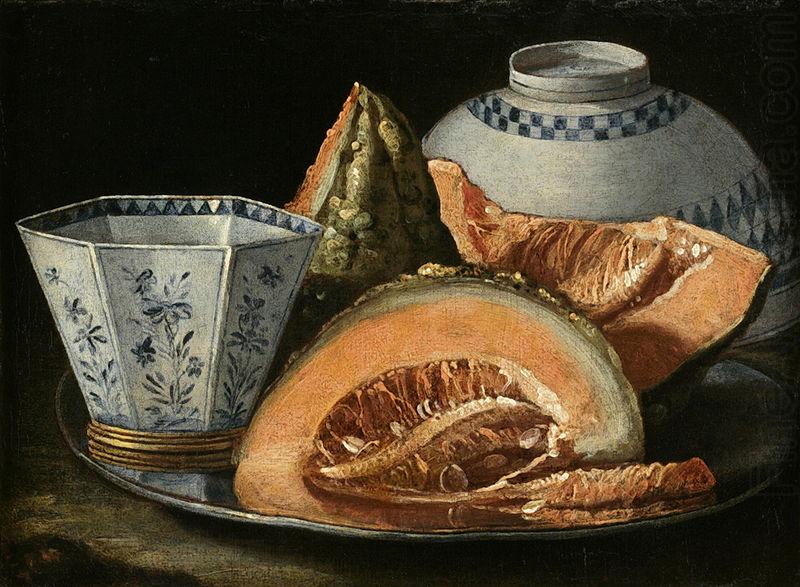 Cristoforo Munari A Still-Life with Melon, an octagonal blue and white cup on a Silver Charger china oil painting image